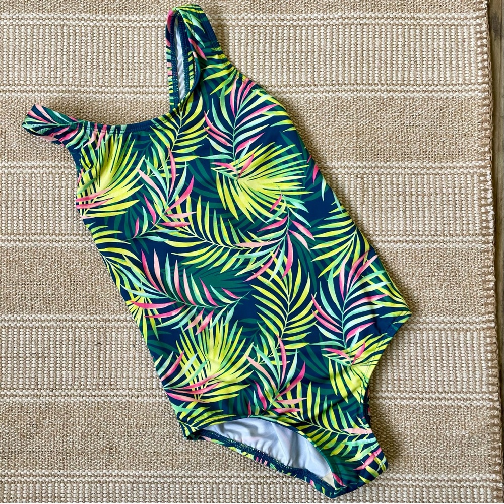 Lands' End One Piece Green and Yellow Swimsuit with Tropical Print Sz 5 - Picture 6 of 7